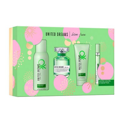 SET PARA DAMA, BENETTON, UNITED DREAMS LIVE FREE, EDT 80 ML + DESODORANTE 150 ML + BODY LOTION 75 ML + TRAVEL SPRAY 10 ML