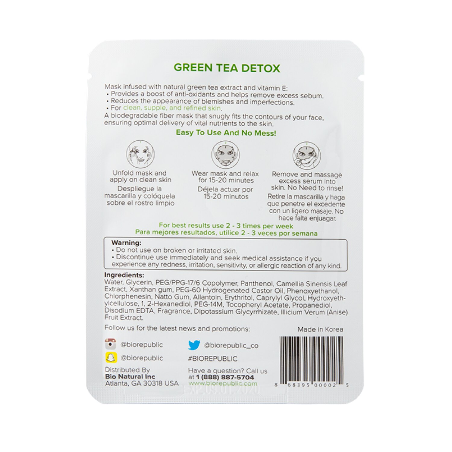 GREEN TEA DETOX PURIFYING FIBER MASK (MASCARILLA PARA ROSTRO)
